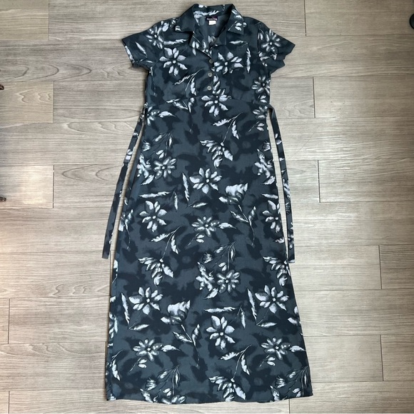 Vintage 90s Grey Floral Tie Back Collared Maxi Dress Size M - Picture 1 of 5